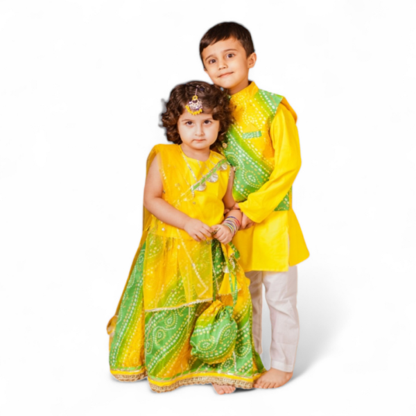 Green Yellow bandhani Kurta pajama with jacket