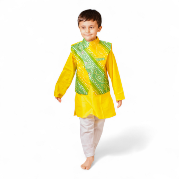 Green Yellow bandhani Kurta pajama with jacket - Image 2