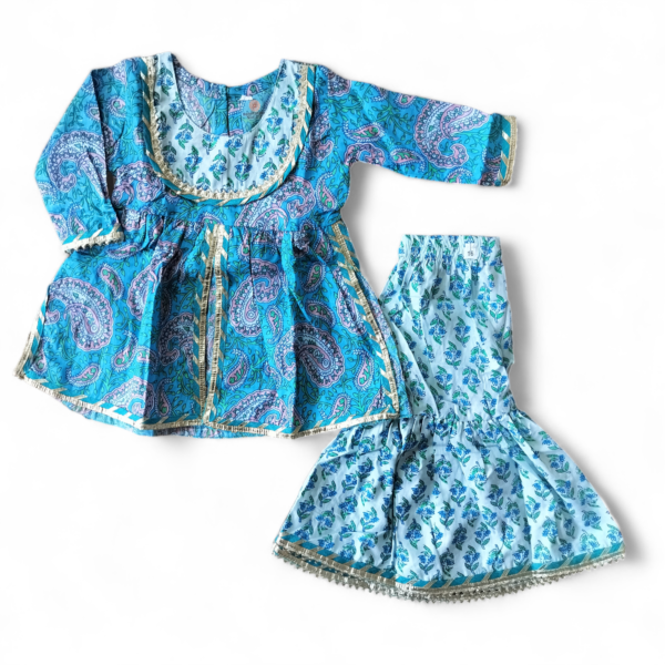 Blue sanganeri print kurta Sharara set