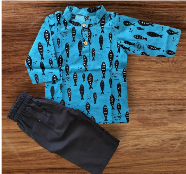 Boys’ blue fish print kurta with black pants – fun traditional outfit for kids