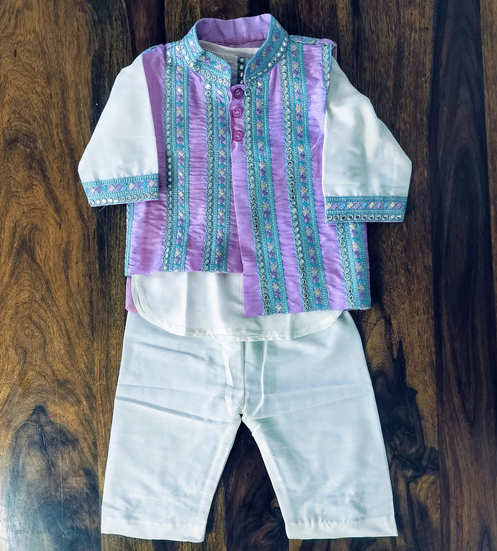 Silk kurta pajama set with embroidered jacket for boys – festive ethnic wear