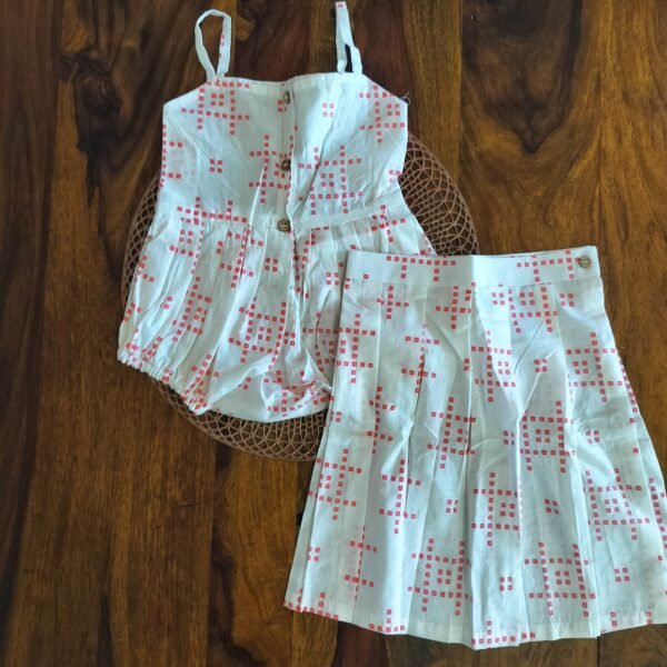 “White Bandhej romper and skirt set for girls – 2-piece traditional summer outfit”