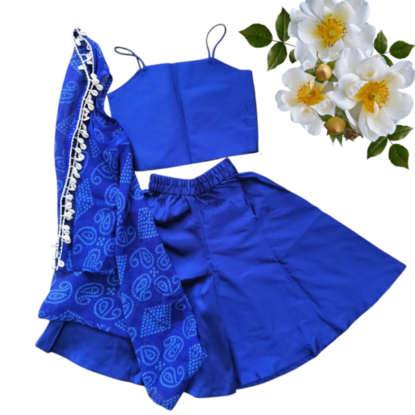 Blue Bandhej Shrug Plazzo Top 3-Piece Set for Girls – Ethnic Wear with Shell Detailing