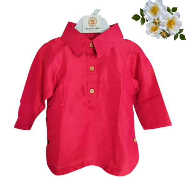 “Boys’ red Pathani kurta pajama set with wooden buttons – traditional ethnic outfit for kids”