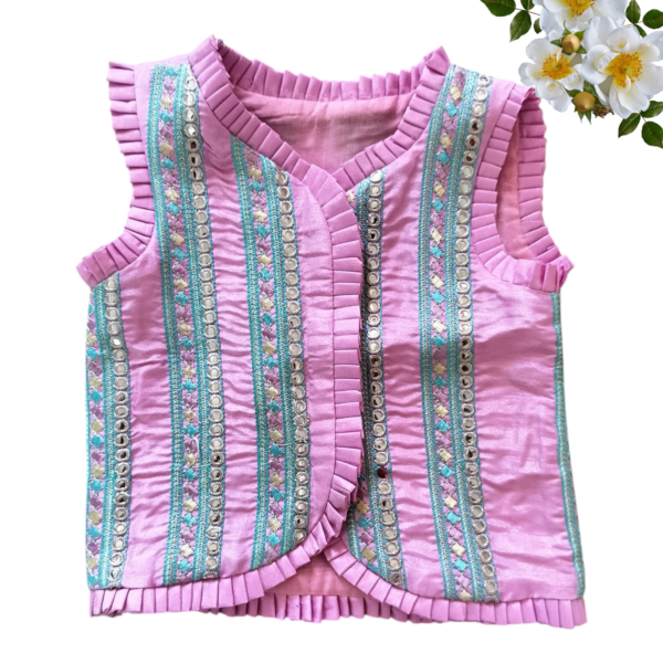 “Girls’ pink silk embroidered top with golden flared skirt – traditional festive outfit for kids”