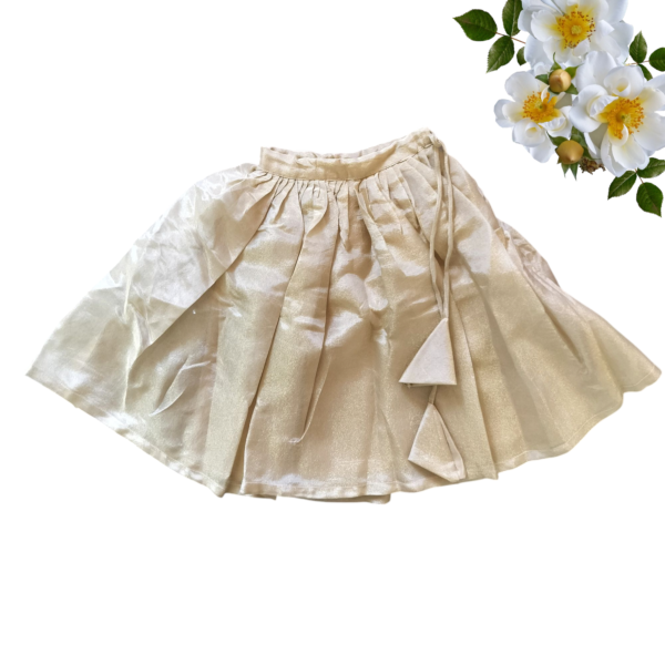 “Girls’ pink silk embroidered top with golden flared skirt – traditional festive outfit for kids”