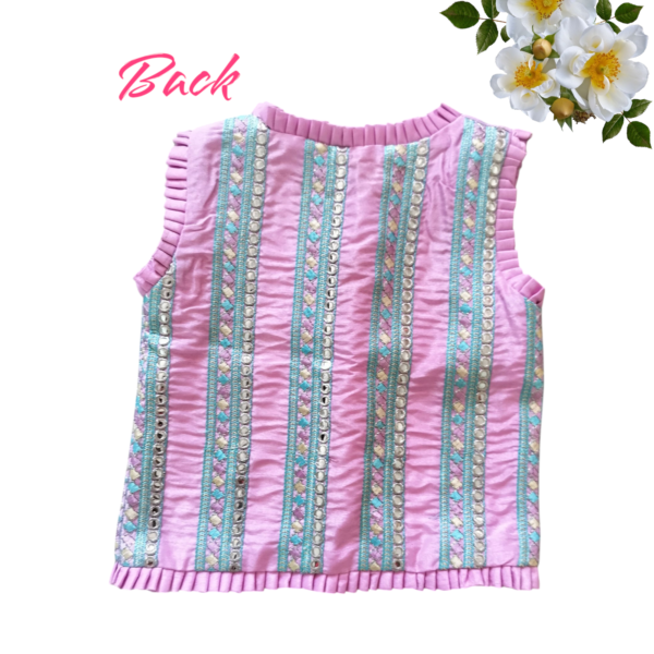 “Girls’ pink silk embroidered top with golden flared skirt – traditional festive outfit for kids”