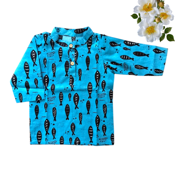 Boys’ blue fish print kurta with black pants – fun traditional outfit for kids