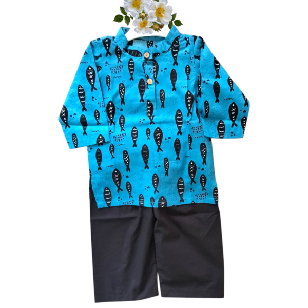 Boys’ blue fish print kurta with black pants – fun traditional outfit for kids