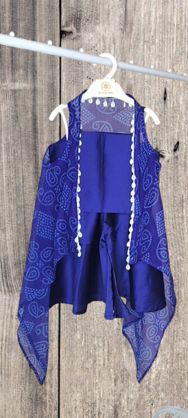 Blue Bandhej Shrug Plazzo Top 3-Piece Set for Girls – Ethnic Wear with Shell Detailing